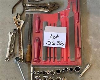 Lot 5636 $32.00 Misc Tool Lot includes: Variety of Files, Wrench, Sockets, Pliers