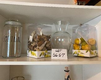 Lot 5657. $22.00 Lot of 3 items - 10" x 6" W Vase, 2 Potpourri (sp!) Boxes, and a Rae Dunn Container Jar saying "Contain" 11" H x 5" W
