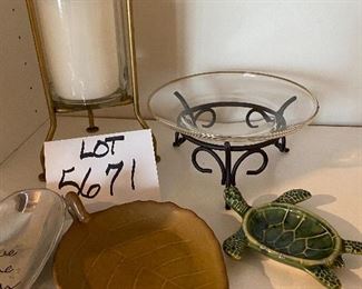 Lot 5671 $22.00 Potpourri Lot includes: Candle and Pedestal Stand, Potpourri Plate on Black Metal Stand, Silvestri Pewter Live, Love, Laugh; Partylite Leaf dish;