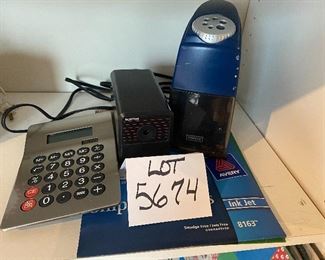 Lot 5674 $ 20.00. Home Office Kit 2 includes: 1) Calculator 2) Hunt Electric Pencil Sharpener 3) Staples Pencil Sharpener 4) White Shipping Labels 5) White File Folder Labels 6) Clear Easy Peel Address Labels