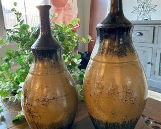 Lot 5601. $25.00. Two narrow neck vases 18" t x 7" diameter at fullest, other is 15" tall x 6" diameter - makes a nice pair on display.