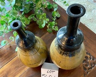 Lot 5601. $25.00. Two narrow neck vases 18" t x 7" diameter at fullest, other is 15" tall x 6" diameter - makes a nice pair on display.