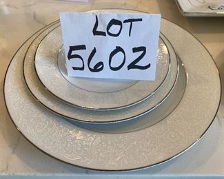 Lot 5602. $170.00. Service for at least 12 "Grace" Fine China "Concerto" pattern - Textured Rim, White with a Simple Ring of Silver on base and Rim. 43 pcs-- 14 Dinner, 12 Salad, 14 B&B, Large Oval Platter, Round Veggie Dish & Creamer. I think when they moved one box was lost, in the move so there are no cups and saucers nor a sugar bowl! Still, you can set a beautiful table with these items in time for Easter Sunday!