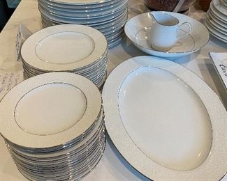 Lot 5602. $170.00. Service for at least 12 "Grace" Fine China "Concerto" pattern - Textured Rim, White with a Simple Ring of Silver on base and Rim. 43 pcs-- 14 Dinner, 12 Salad, 14 B&B, Large Oval Platter, Round Veggie Dish & Creamer. I think when they moved one box was lost, in the move so there are no cups and saucers nor a sugar bowl! Still, you can set a beautiful table with these items in time for Easter Sunday!