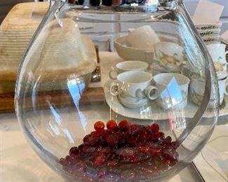 Lot 5620. $25.00. Beautiful Large Hurricane Lamp with Handle, Holds large Pillar Candle and Filled with Red Marbles