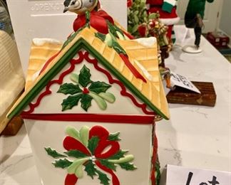 Lot 5616. $25.00. Lenox "Winter Greetings" Cookie Jar featuring a Bird House looking Jar - really pretty in Styrofoam holder for safekeeping.