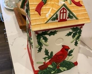 Lot 5616. $25.00. Lenox "Winter Greetings" Cookie Jar featuring a Bird House looking Jar - really pretty in Styrofoam holder for safekeeping.