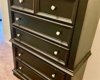 Lot 5603. $1,625.00 King Bedroom Set Includes Pennsylvania House Steve Tyrell Collection King 2 poster Headboard, (see index card following for story) Footboard and Frame, 73" tall, a tall Black chest dresser 38"w x 19" d, x53" tall 6 drawers; not branded, and 7 drawer dresser with cabinet with 2 drawers, 66" x 19" d x 33.5" unbranded as well, also in Black.