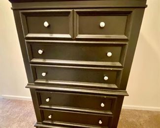 Lot 5603. $1,625.00 King Bedroom Set Includes Pennsylvania House Steve Tyrell Collection King 2 poster Headboard, (see index card following for story) Footboard and Frame, 73" tall, a tall Black chest dresser 38"w x 19" d, x53" tall 6 drawers; not branded, and 7 drawer dresser with cabinet with 2 drawers, 66" x 19" d x 33.5" unbranded as well, also in Black.