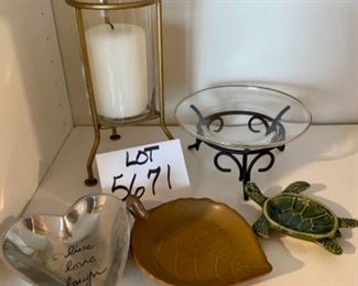 Lot 5671 $22.00 Potpourri Lot includes: Candle and Pedestal Stand, Potpourri Plate on Black Metal Stand, Silvestri Pewter Live, Love, Laugh; Partylite Leaf dish;