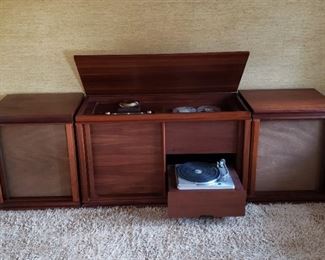 Incredible MCM Barzilay Console Stereo Cabinet with a McIntosh MX110 Stereophonic Tuner Preamplifier, McIntosh MC-225 Stereo Vacuum Tube Power Amplifier, Vintage Empire Turntable, Ampex Fine Line F-44 Reel-To-Reel & a Pair of Vintage Movable "Tannoy" Monitor Dual Concentric Loudspeakers Type LSU/HF/12.L.