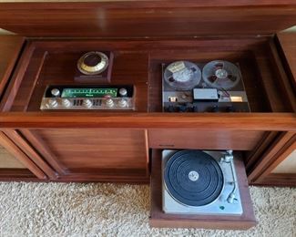 Incredible MCM Barzilay Console Stereo Cabinet with a McIntosh MX110 Stereophonic Tuner Preamplifier, McIntosh MC-225 Stereo Vacuum Tube Power Amplifier, Vintage Empire Turntable, Ampex Fine Line F-44 Reel-To-Reel & a Pair of Vintage Movable "Tannoy" Monitor Dual Concentric Loudspeakers Type LSU/HF/12.L.