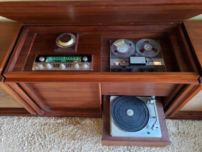 Incredible MCM Barzilay Console Stereo Cabinet with a McIntosh MX110 Stereophonic Tuner Preamplifier, McIntosh MC-225 Stereo Vacuum Tube Power Amplifier, Vintage Empire Turntable, Ampex Fine Line F-44 Reel-To-Reel & a Pair of Vintage Movable "Tannoy" Monitor Dual Concentric Loudspeakers Type LSU/HF/12.L.