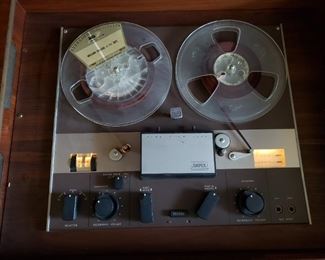 Incredible MCM Barzilay Console Stereo Cabinet with a McIntosh MX110 Stereophonic Tuner Preamplifier, McIntosh MC-225 Stereo Vacuum Tube Power Amplifier, Vintage Empire Turntable, Ampex Fine Line F-44 Reel-To-Reel & a Pair of Vintage Movable "Tannoy" Monitor Dual Concentric Loudspeakers Type LSU/HF/12.L.