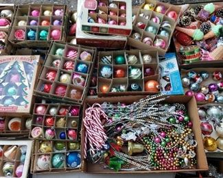 TONS of vintage Christmas ornaments & decorations, many Shiny Brites.