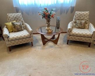 MCM Lounge Chairs and MCM Walnut Glass Coffee Table