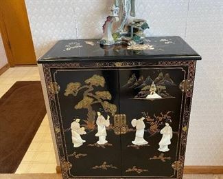 Vintage Asian Black Lacquer Chinoiserie Cabinet
