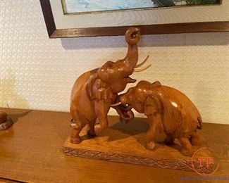 Carved Wood Elephants Fighting Sculpture
