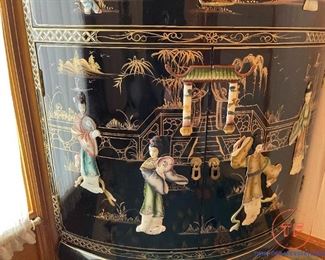 Vintage Asian Black Lacquer Chinoiserie CORNER Cabinet