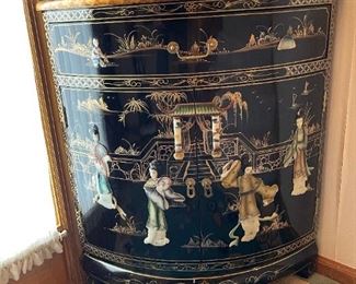 Vintage Asian Black Lacquer Chinoiserie CORNER Cabinet