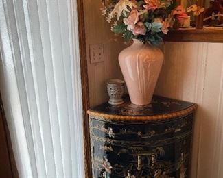 Vintage Asian Black Lacquer Chinoiserie CORNER Cabinet