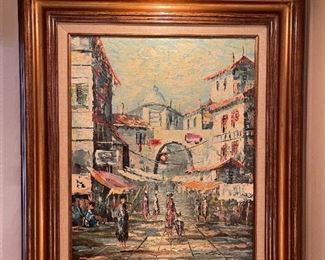 Original Oil on Canvas French Market Scene by CONDEAUX