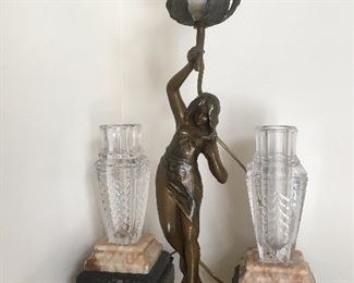 Ludwig Beck Figural Lamp and a Pair of French Crystal Vases on Marble Vase