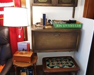 Living Room:  Tile Table, Side Table w/Attached Lamp, Box