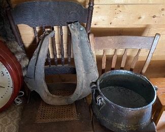 Old Straight Chairs/ Copper Pot