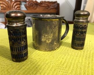 Sterling silver and cobalt glass salt and pepper shakers with sterling cup