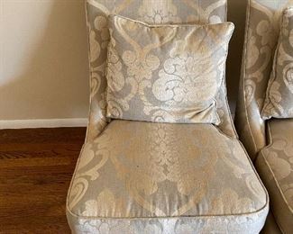 One of a pair of slipper chairs. Each chair is 24 inches wide by 34 inches deep by 33 inches high. Custom made. $240 for the pair.
