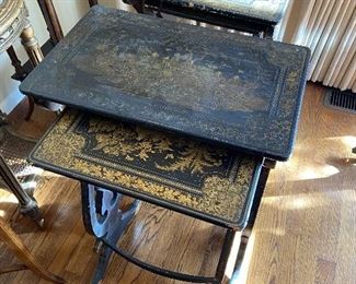 Antique nesting table set 19 1/2 inches wide by 12 inches deep by 27 1/2 inches high. (as found-fading on top) $190
