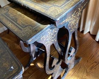 Second set of antique nesting tables this pair is in fair condition and measures 17 inches wide by 11 1/4 inches deep by 26 3/4 inches high. $180