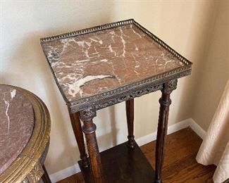 Antique square marble and walnut shelved plant or art stand.  12 in. sq. by 32 1/2  inches high.  $260