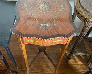 Beautiful hand painted side table with some beautiful inlay.  22.5 inches wide by 15.5 inches deep by 29 inches high.  $260