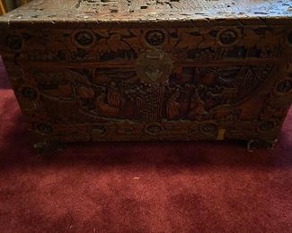 Carved wood trunk or chest  with brass corners 40"w x 19.5"d x 21.25"h. $220 (as found)