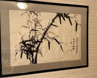 Japanese ink signed with owner's marks and silk matting. 33" w X 25" h. $360