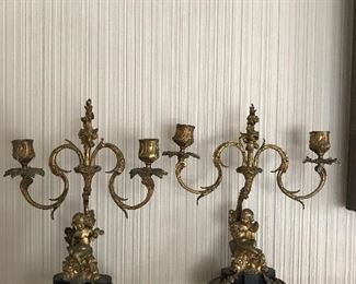 Pair of antique French brass and marble candelabra. $450