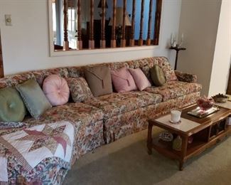 1960-1970 floral curved sofa, coffee table