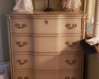 French Provincial chest, dolls, lamp