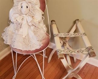 parlor chair, luggage rack, doll