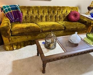 velvet golden green couch (MCM), heavy brass birdcage