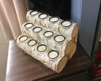 White Birchwood fireplace logs, candle display