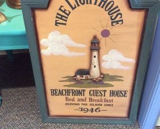 The Lighthouse on Wood Sign Beach Guest House Art  
