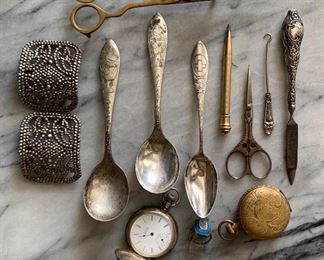 Silver spoons, pocket watch & case etc