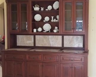 Very large custom display/buffet cabinet. Mahogany with stone panels & glass front doors. (Disassembled & ready to transport)