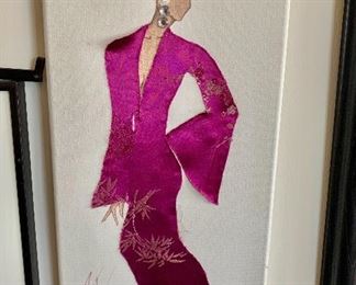 $80 - Framed multimedia / fabric art; 16"H x 8"W