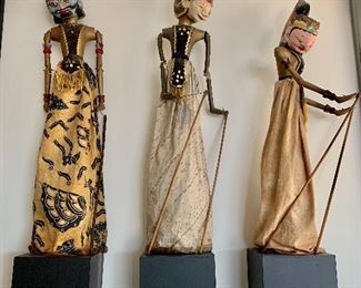 $150 each - Each puppet sold separately and affixed to box. Puppet on left (puppet #1): 33"H x 6"W, puppet in middle (puppet #2): 32"H x 6"W and puppet on right (puppet #3): 31"H x 6"W