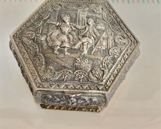 $15 - Six sided trinket box with red cloth lining.  Made in Japan.  1.5"H x 3"W x 3"D