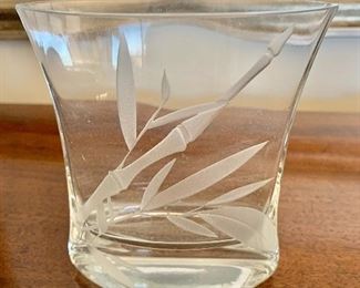$20 - Small bamboo etched glass vase (small chip on edge). 5"H x 4.5"W x 2.5"D